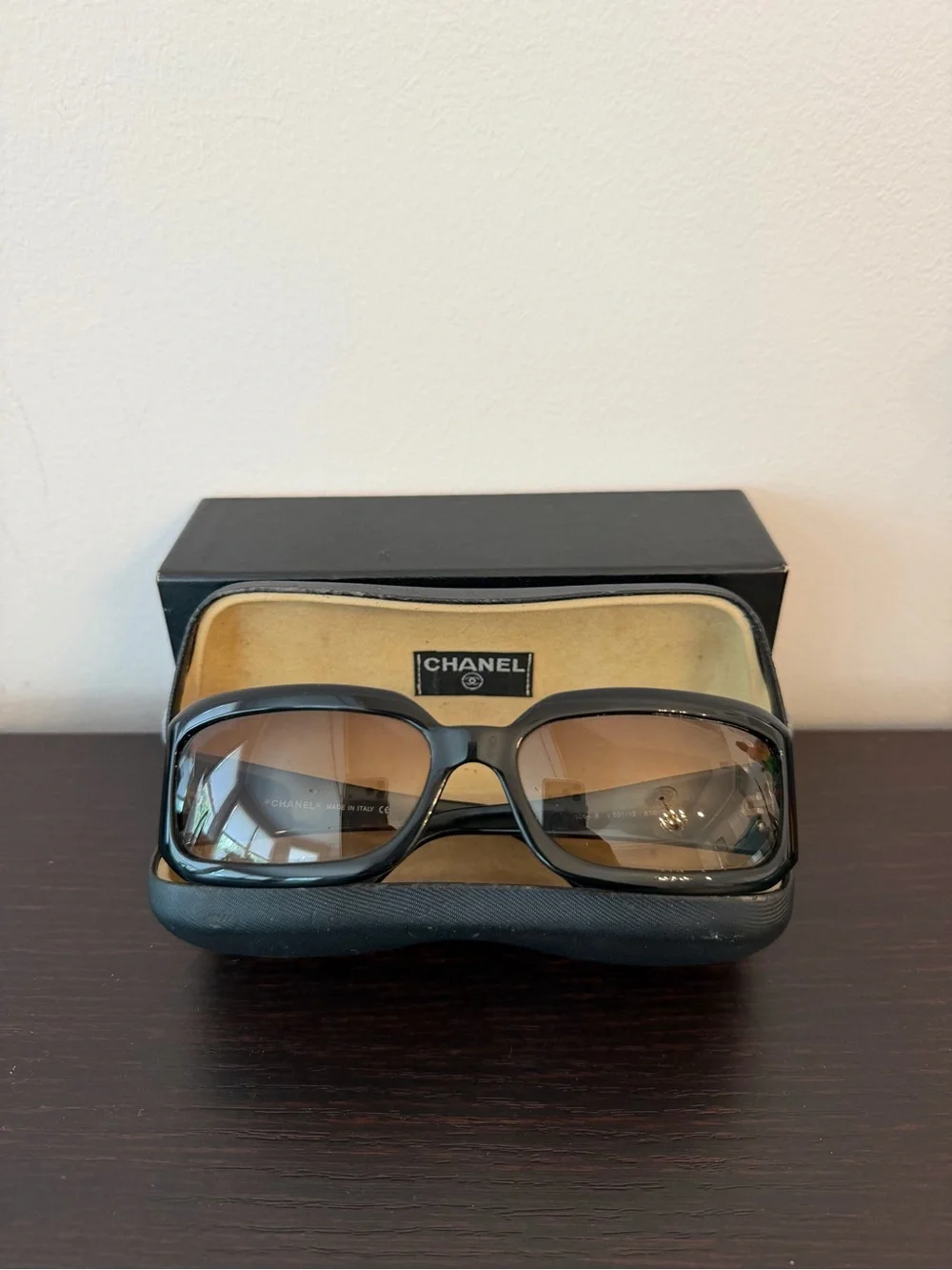 Vintage CHANEL Black Frame Sunglasses with Swarovski Crystal Logos